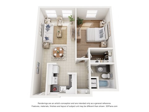 Floor plan for 1 bed, 1 bath, 600 sqft